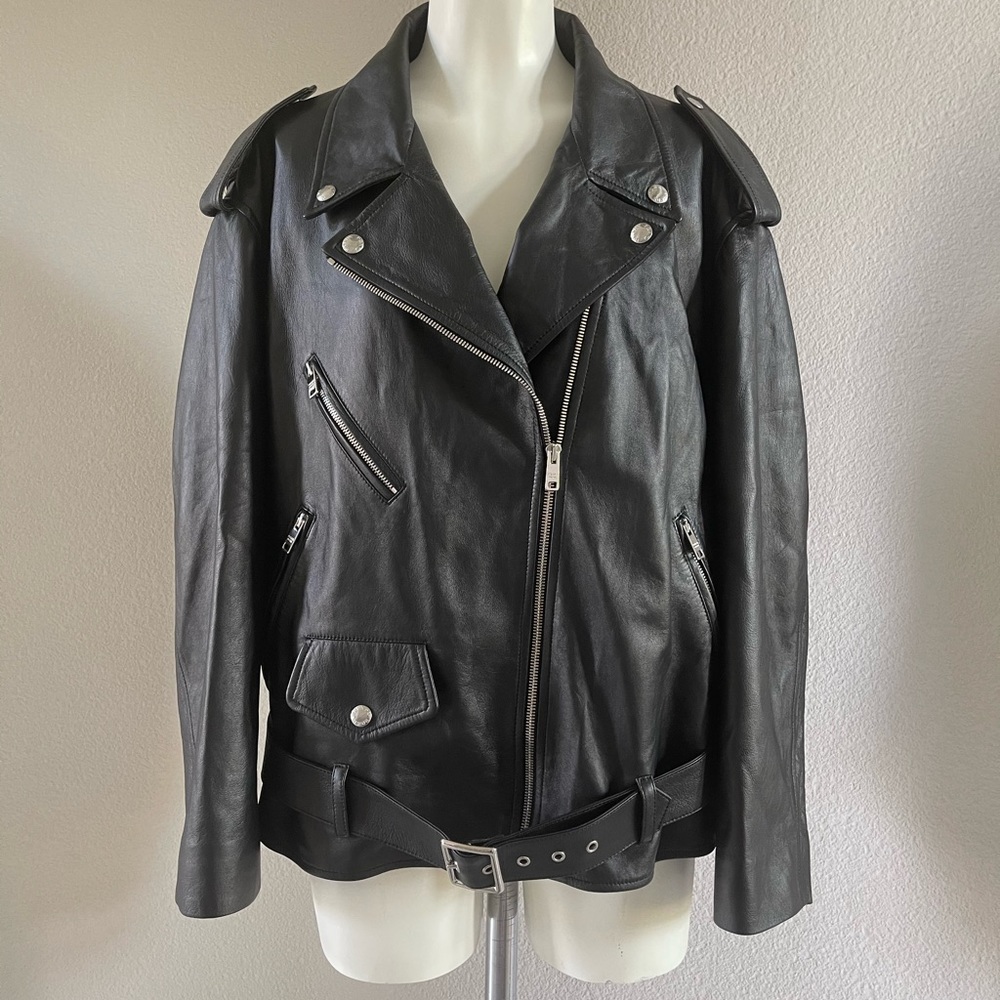 PRADA Oversized Black Biker Leather Jacket Size 42 - Picture 10 of 13